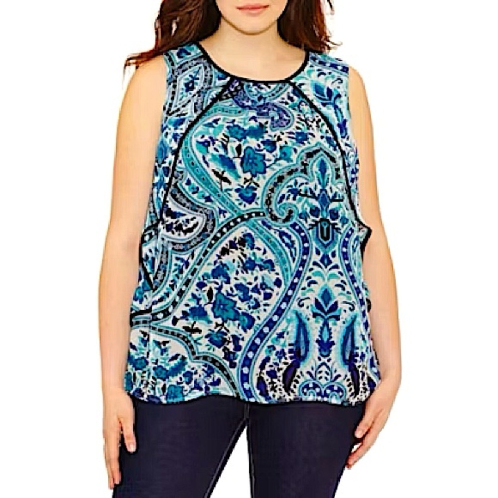 AGB‎ Floral Turquoise Sheer Overlay Sleeveless Blouse Ruffle Keyhole Collar 2X